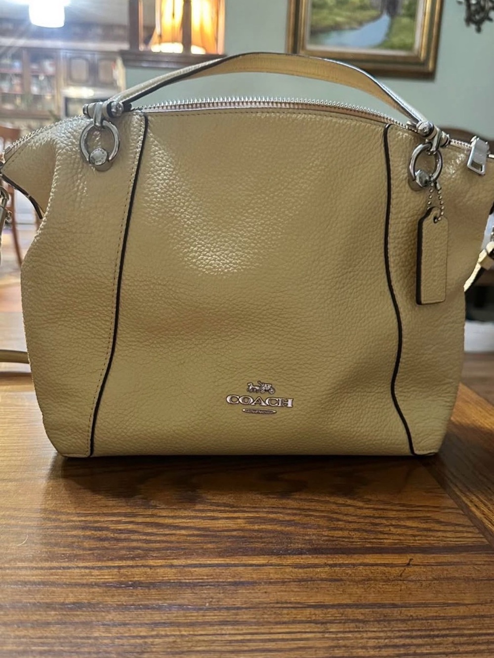 COACH Pebbled Leather Satchel in butter yellow
